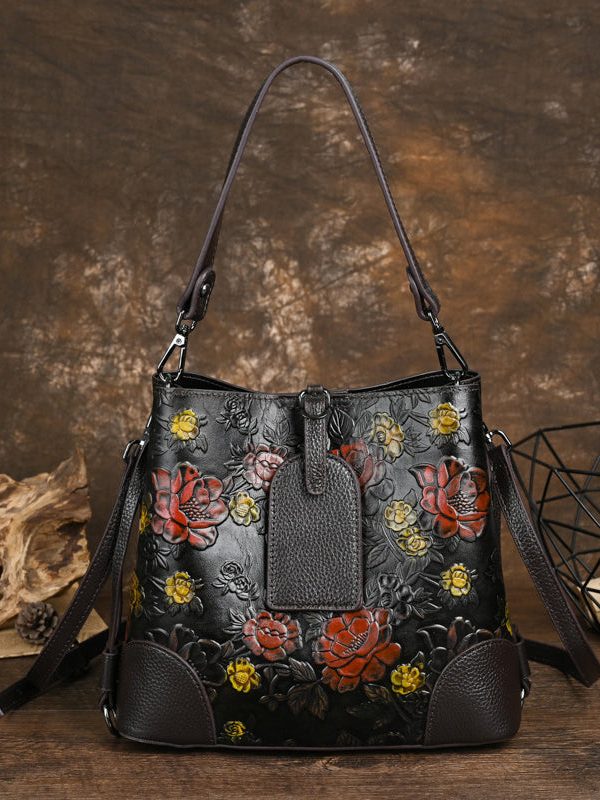 Vintage Silver Embossed Durable Calf Leather Messenger Bag