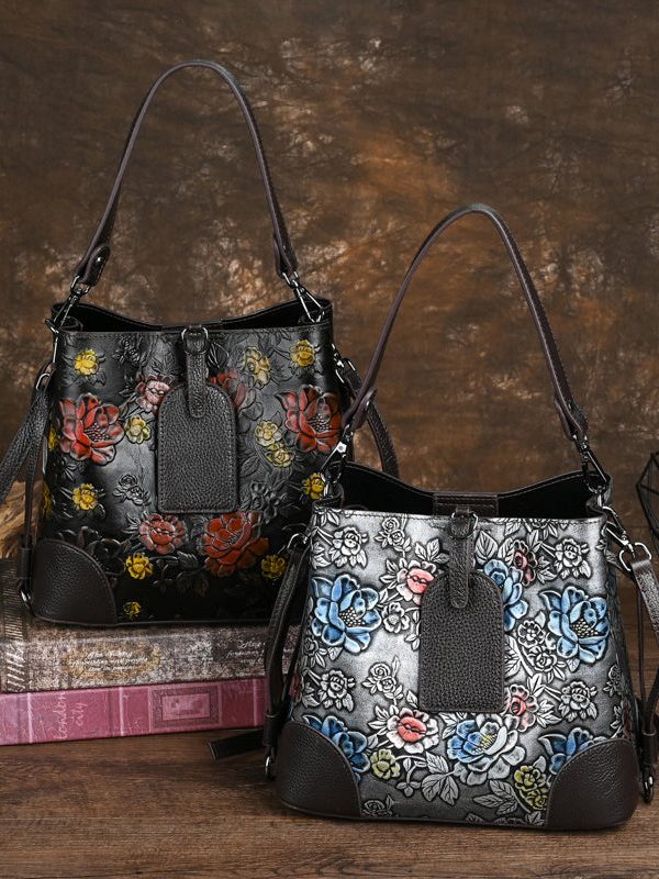 Vintage Silver Embossed Durable Calf Leather Messenger Bag