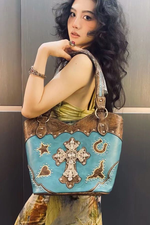 Western Style Hardware Diamond Cross Satchel Bag Handbag