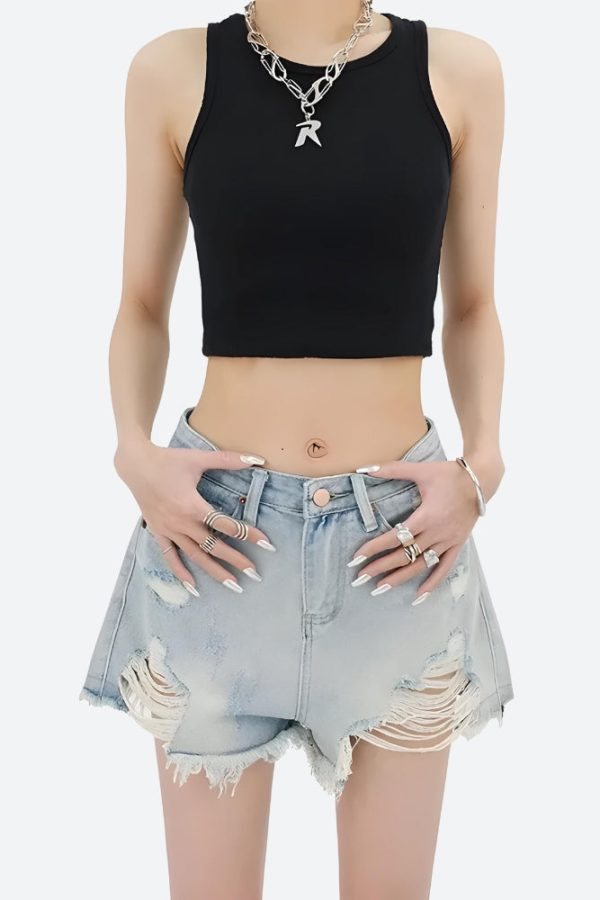 Wide Leg Ripped Denim Shorts