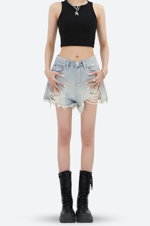 Wide Leg Ripped Denim Shorts