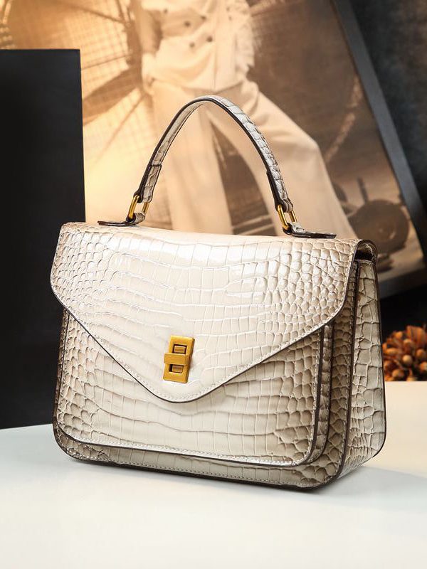 Women Apricot Embossed Calf Leather Tote Handbag