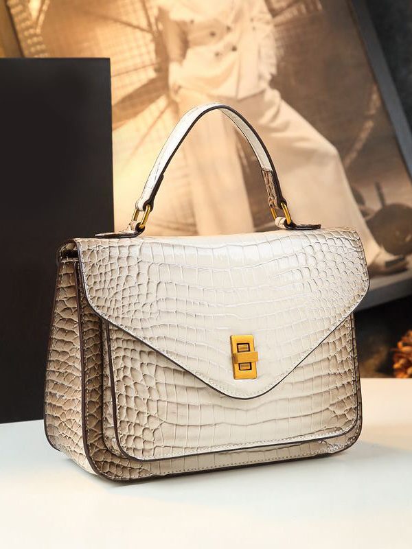 Women Apricot Embossed Calf Leather Tote Handbag