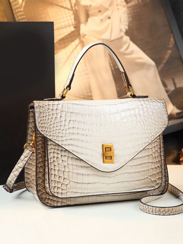 Women Apricot Embossed Calf Leather Tote Handbag