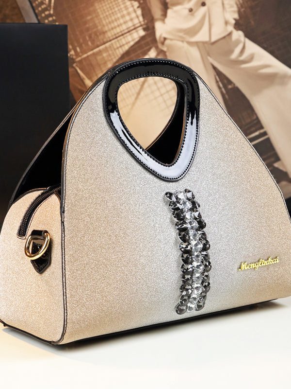 Women Apricot Zircon Large Capacity Faux Leather Tote Handbag