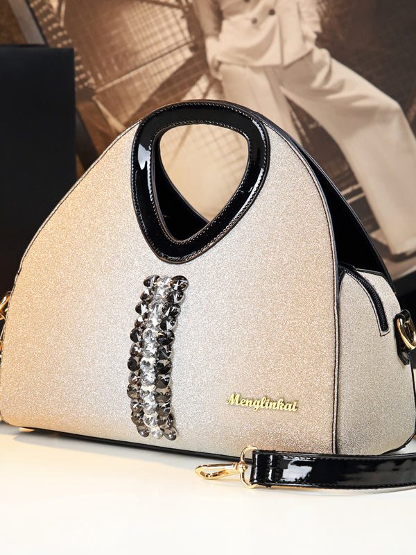 Women Apricot Zircon Large Capacity Faux Leather Tote Handbag