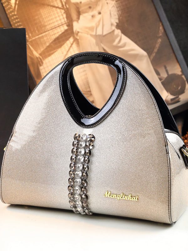 Women Apricot Zircon Large Capacity Faux Leather Tote Handbag