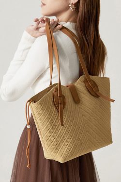 Women Beige Hollow Out Large Capacity Woven Women Shoulder Bags
