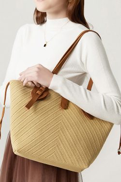 Women Beige Hollow Out Large Capacity Woven Women Shoulder Bags