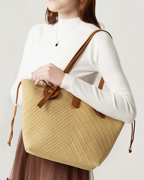 Women Beige Hollow Out Large Capacity Woven Women Shoulder Bags