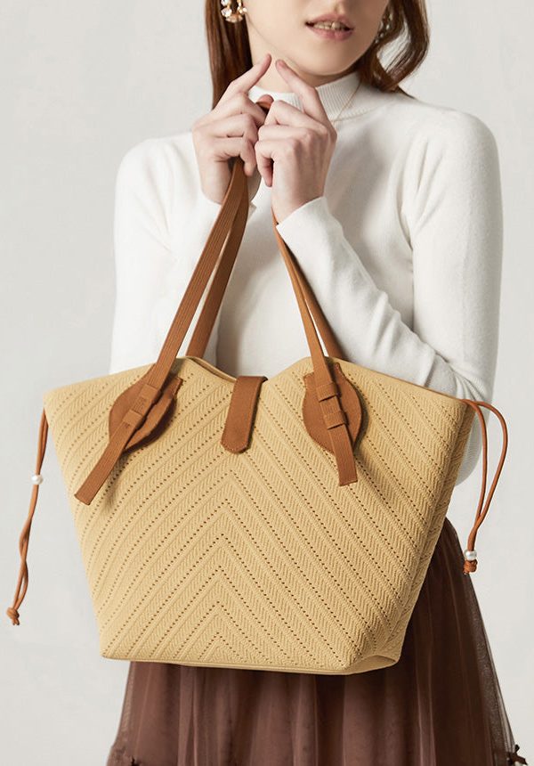 Women Beige Hollow Out Large Capacity Woven Women Shoulder Bags