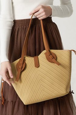 Women Beige Hollow Out Large Capacity Woven Women Shoulder Bags