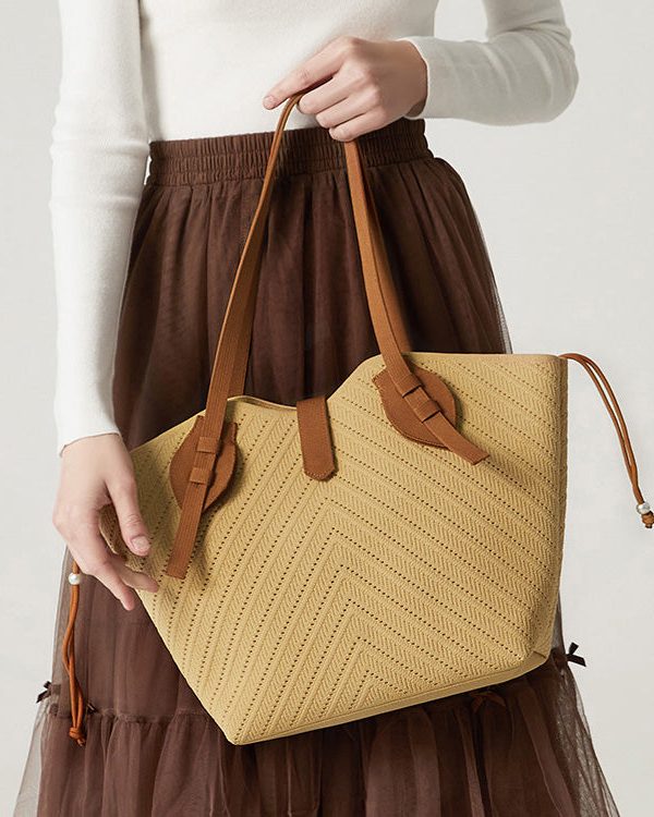 Women Beige Hollow Out Large Capacity Woven Women Shoulder Bags