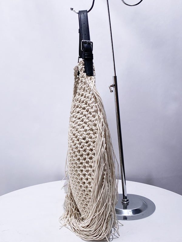 Women Beige Hollow Out Tasseled Woven Shoulder Bags