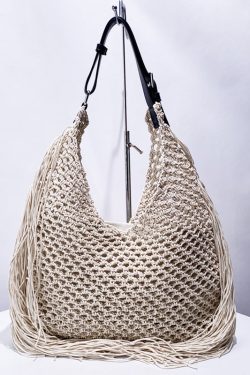 Women Beige Hollow Out Tasseled Woven Shoulder Bags