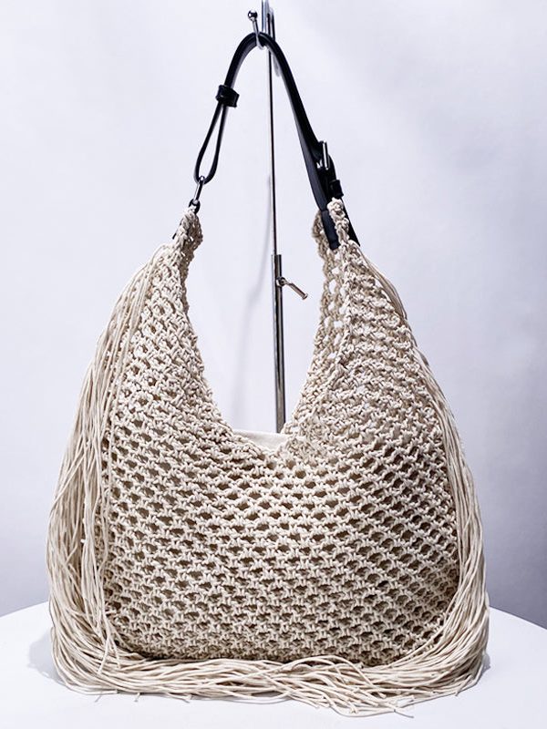 Women Beige Hollow Out Tasseled Woven Shoulder Bags