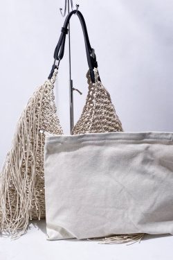 Women Beige Hollow Out Tasseled Woven Shoulder Bags