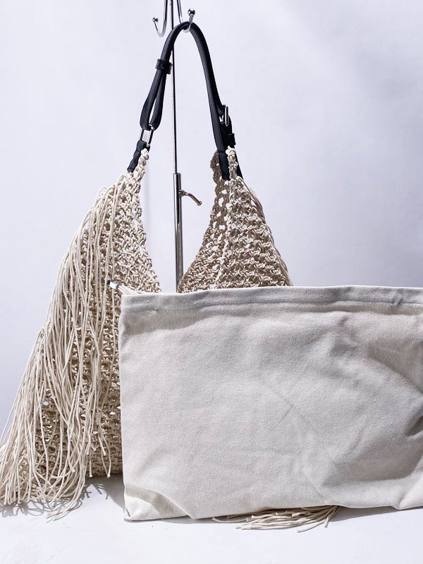 Women Beige Hollow Out Tasseled Woven Shoulder Bags