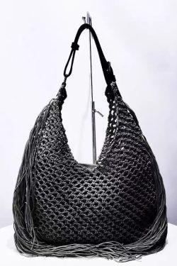 Women Beige Hollow Out Tasseled Woven Shoulder Bags