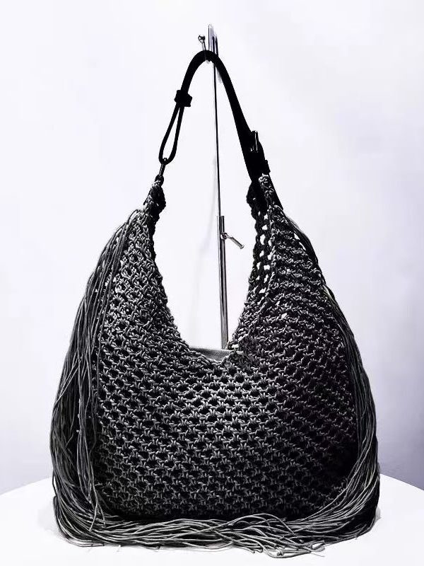 Women Beige Hollow Out Tasseled Woven Shoulder Bags