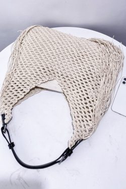 Women Beige Hollow Out Tasseled Woven Shoulder Bags