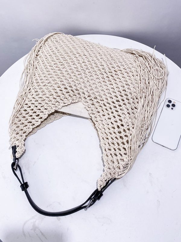 Women Beige Hollow Out Tasseled Woven Shoulder Bags
