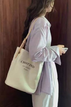 Women Beige Letter Large Capacity Canvas Shoulder Bag