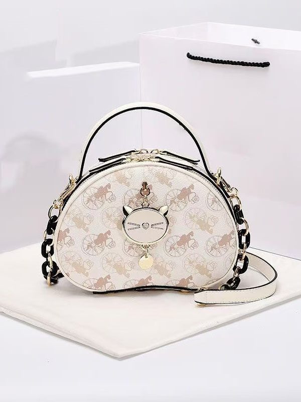 Women Beige Print Faux Leather Round Bag