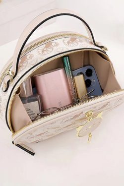 Women Beige Print Faux Leather Round Bag