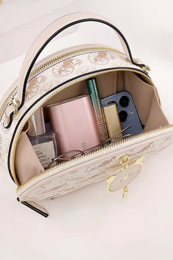 Women Beige Print Faux Leather Round Bag