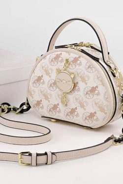 Women Beige Print Faux Leather Round Bag