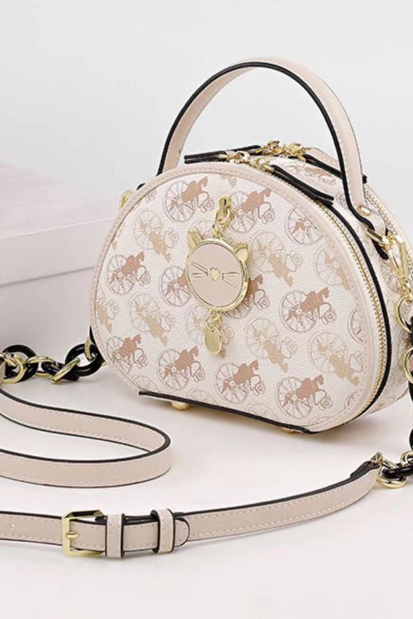 Women Beige Print Faux Leather Round Bag