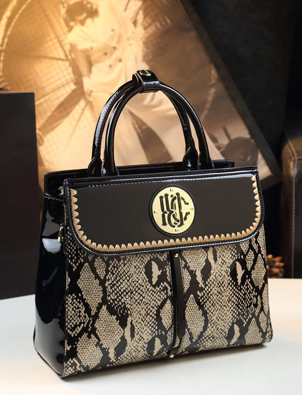Women Black Embroideried Large Capacity Calf Leather Tote Handbag