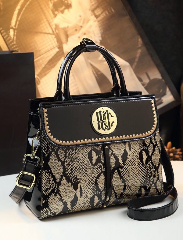 Women Black Embroideried Large Capacity Calf Leather Tote Handbag