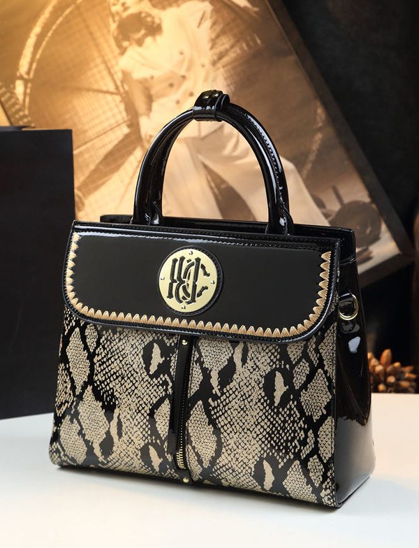 Women Black Embroideried Large Capacity Calf Leather Tote Handbag