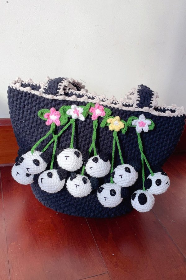 Women Black Handmade Knit Floral Tote Handbag