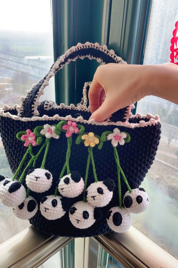Women Black Handmade Knit Floral Tote Handbag