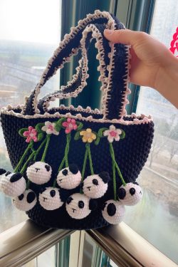 Women Black Handmade Knit Floral Tote Handbag