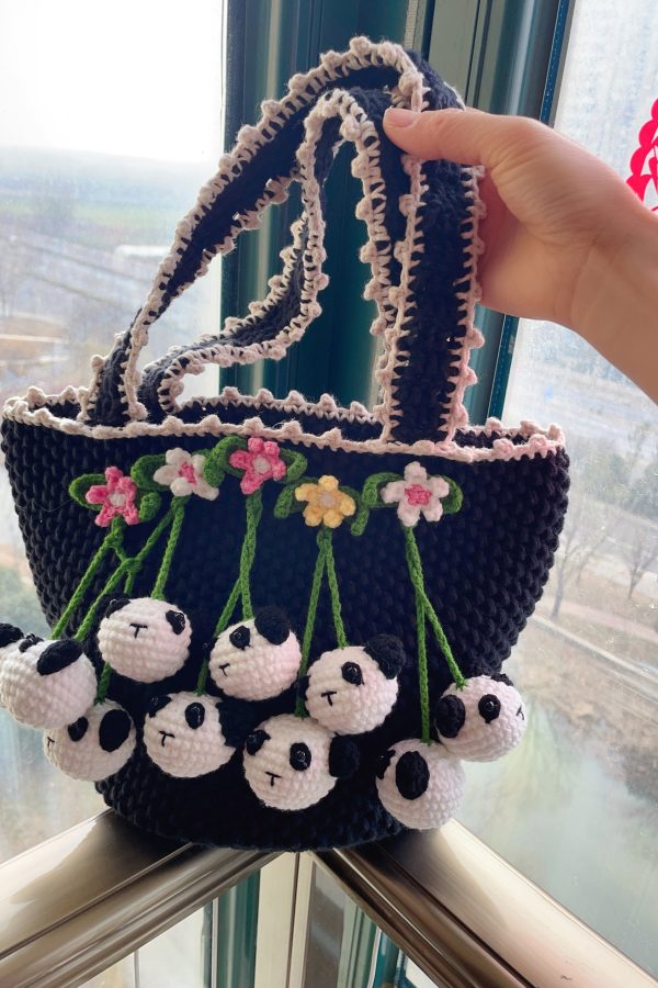 Women Black Handmade Knit Floral Tote Handbag