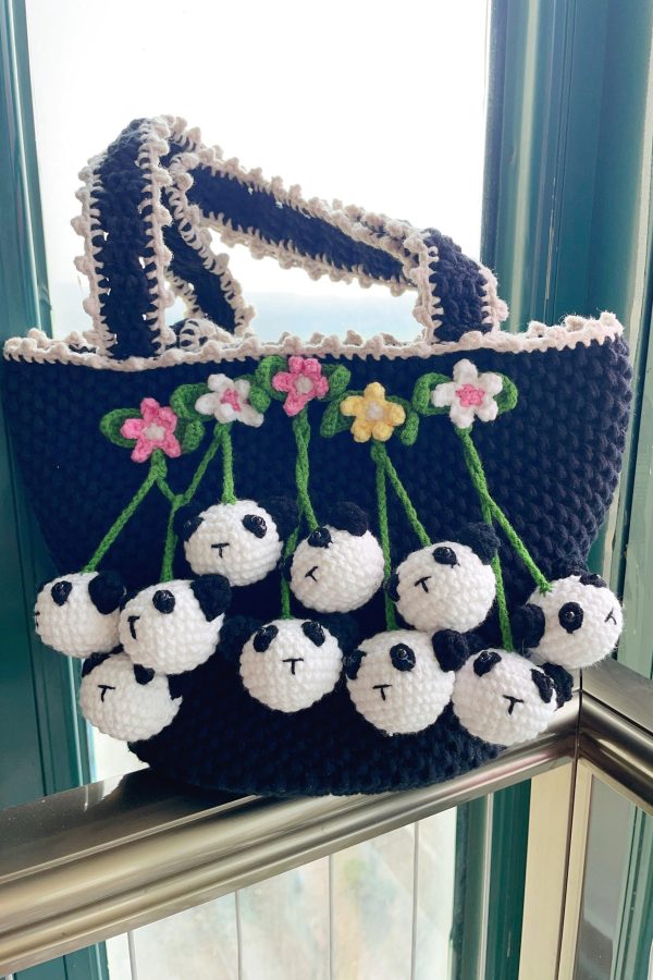 Women Black Handmade Knit Floral Tote Handbag