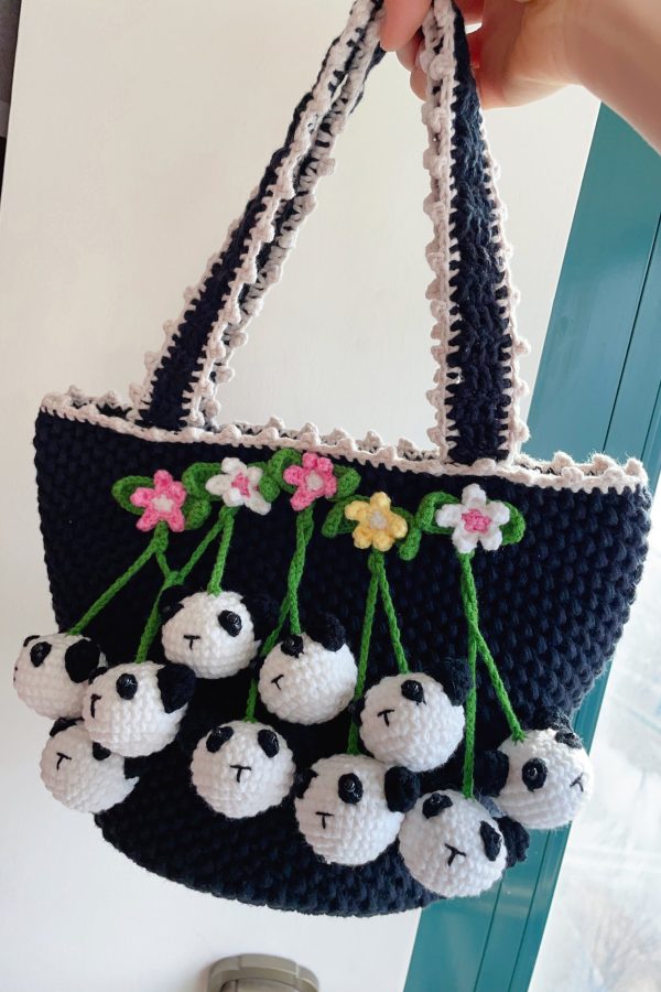 Women Black Handmade Knit Floral Tote Handbag