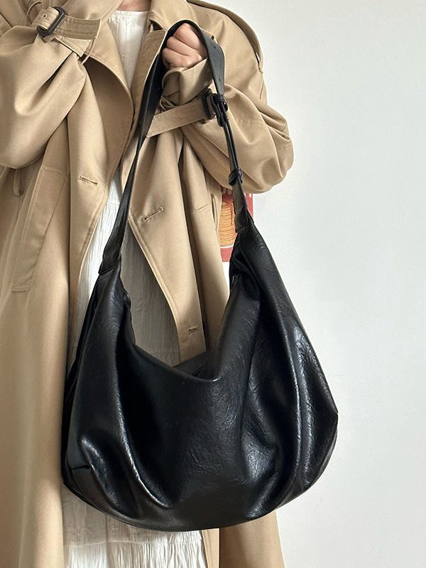 Women Black Large Capacity Faux Leather Satchel Handbag