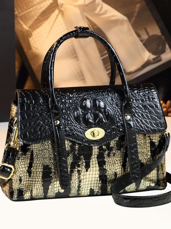 Women Black Serpentine Durable Faux Leather Women Handbags