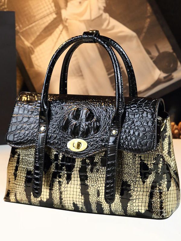 Women Black Serpentine Durable Faux Leather Women Handbags