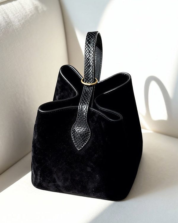Women Black Solid Durable Fine Suede Bucket Bag