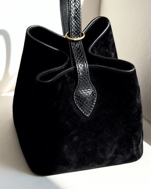 Women Black Solid Durable Fine Suede Bucket Bag