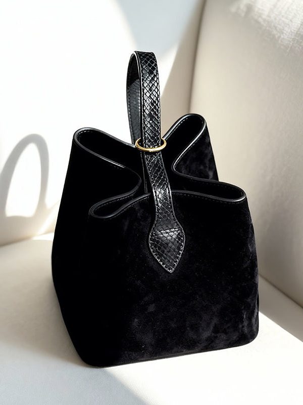 Women Black Solid Durable Fine Suede Bucket Bag