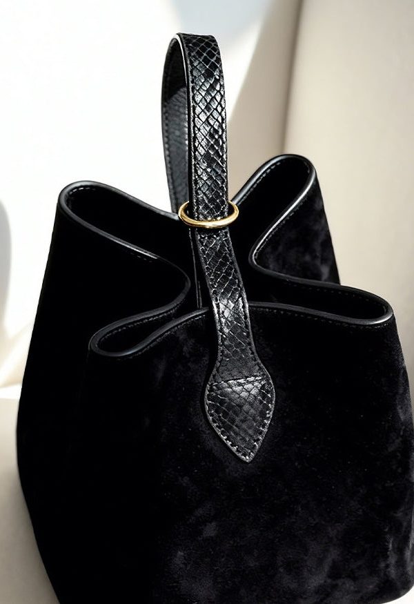 Women Black Solid Durable Fine Suede Bucket Bag