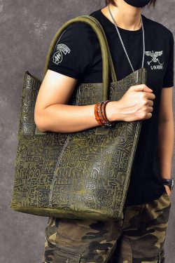 Women Blackish Green Oracle-Bone Inscriptions Embossing Calf Leather Satchel Handbag