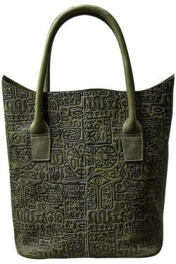 Women Blackish Green Oracle-Bone Inscriptions Embossing Calf Leather Satchel Handbag